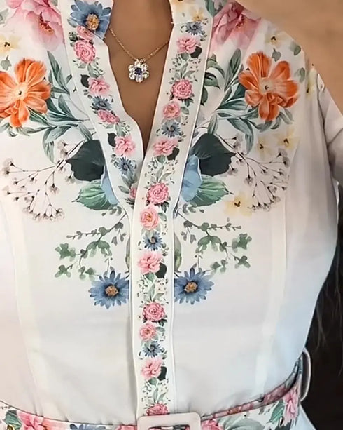 Floral Print V Neck Three Quarters Tied Detail Blouse Dress Casual A Line Slim Fit Maxi Dress white