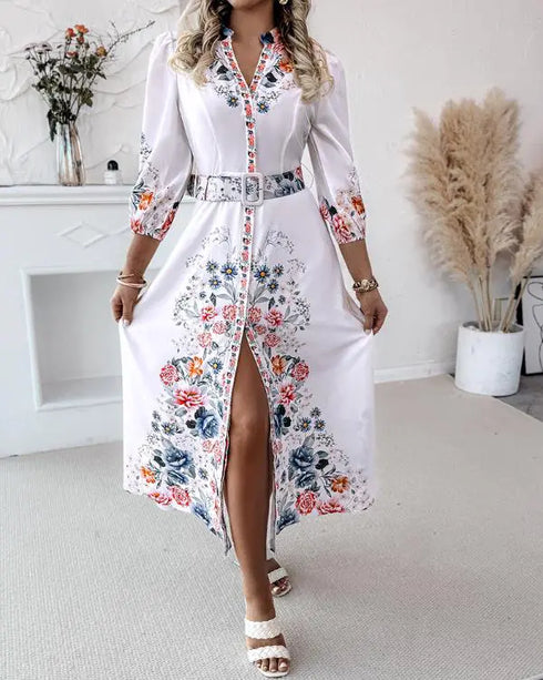 Floral Print V Neck Three Quarters Tied Detail Blouse Dress Casual A Line Slim Fit Maxi Dress white
