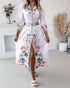 Floral Placement Print Turn-down Collar Puff Sleeve Vacation Dress Casual Button Down Shirt Dress With Belt and Lining white