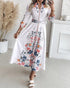 Floral Print V Neck Three Quarters Tied Detail Blouse Dress Casual A Line Slim Fit Maxi Dress white