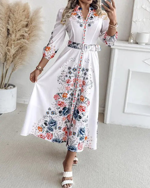 Floral Placement Print Turn-down Collar Puff Sleeve Vacation Dress Casual Button Down Shirt Dress With Belt and Lining white