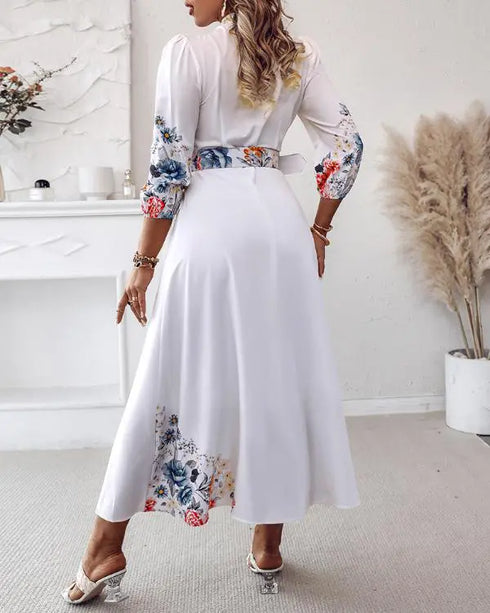 Floral Placement Print Turn-down Collar Puff Sleeve Vacation Dress Casual Button Down Shirt Dress With Belt and Lining white