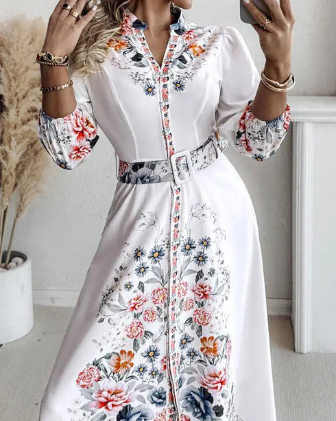 Floral Print V Neck Three Quarters Tied Detail Blouse Dress Casual A Line Slim Fit Maxi Dress white