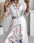 Floral Placement Print Turn-down Collar Puff Sleeve Vacation Dress Casual Button Down Shirt Dress With Belt and Lining white