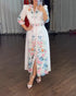 Floral Placement Print Turn-down Collar Puff Sleeve Vacation Dress Casual Button Down Shirt Dress With Belt and Lining white
