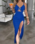 Metal Ring Decor V-Neck Adjustable Spaghetti Straps Bodycon Dress High Slit Hollow-out Evening Dress blue