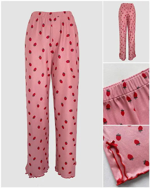 2 Pieces Outfit Bowknot Decor Turn-down Collar V-Neck Top and Elastic Waist Slit Hem Pants Set Casual Strawberry Print Frill Trim Ribbed Pajamas Set pink