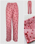 2 Pieces Outfit Bowknot Decor Turn-down Collar V-Neck Top and Elastic Waist Slit Hem Pants Set Casual Strawberry Print Frill Trim Ribbed Pajamas Set pink