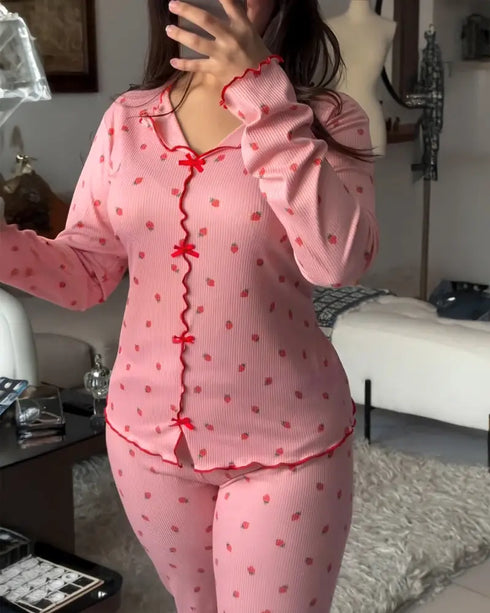 2 Pieces Outfit Bowknot Decor Turn-down Collar V-Neck Top and Elastic Waist Slit Hem Pants Set Casual Strawberry Print Frill Trim Ribbed Pajamas Set pink