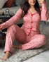 2 Pieces Outfit Bowknot Decor Turn-down Collar V-Neck Top and Elastic Waist Slit Hem Pants Set Casual Strawberry Print Frill Trim Ribbed Pajamas Set pink