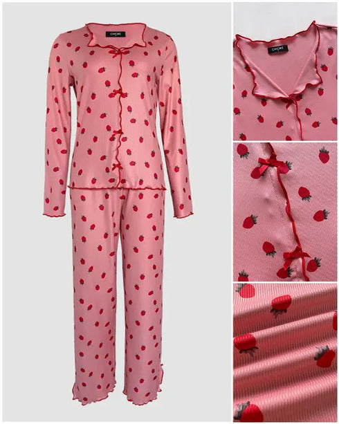 2 Pieces Outfit Bowknot Decor Turn-down Collar V-Neck Top and Elastic Waist Slit Hem Pants Set Casual Strawberry Print Frill Trim Ribbed Pajamas Set pink
