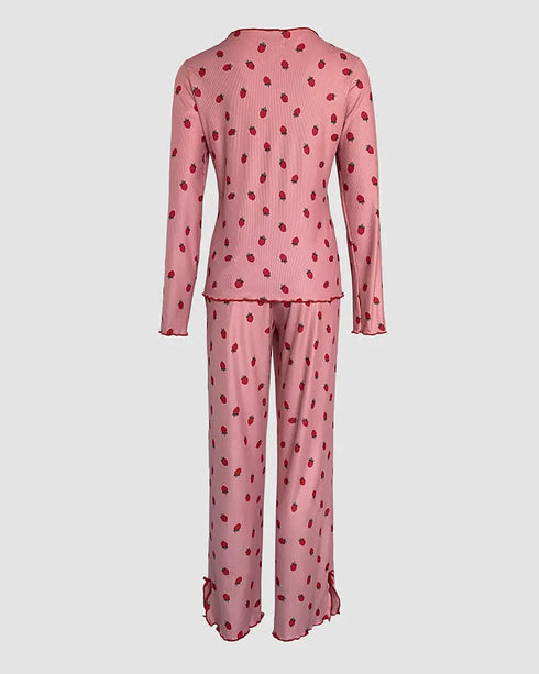 2 Pieces Outfit Bowknot Decor Turn-down Collar V-Neck Top and Elastic Waist Slit Hem Pants Set Casual Strawberry Print Frill Trim Ribbed Pajamas Set pink