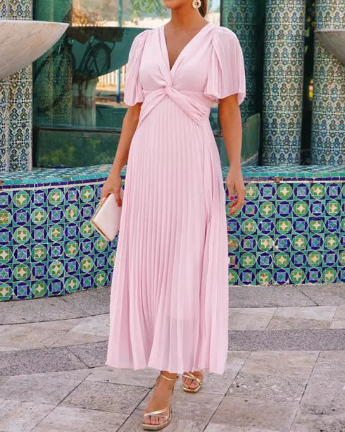 Flutter Sleeve Twist V Neck Midi Dress Casual Waist A Line Pleated Dress light pink