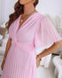 Flutter Sleeve Twist V Neck Midi Dress Casual Waist A Line Pleated Dress light pink
