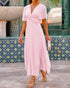 Flutter Sleeve Twist V Neck Midi Dress Casual Waist A Line Pleated Dress light pink