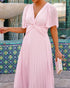 Flutter Sleeve Twist V Neck Midi Dress Casual Waist A Line Pleated Dress light pink