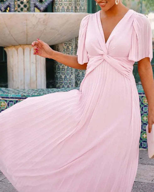 Flutter Sleeve Twist V Neck Midi Dress Casual Waist A Line Pleated Dress light pink