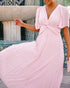 Flutter Sleeve Twist V Neck Midi Dress Casual Waist A Line Pleated Dress light pink