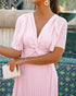 Flutter Sleeve Twist V Neck Midi Dress Casual Waist A Line Pleated Dress light pink