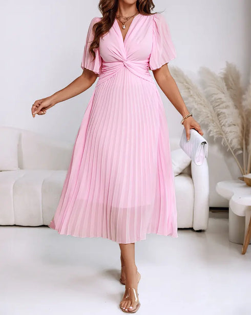 Flutter Sleeve Twist V Neck Midi Dress Casual Waist A Line Pleated Dress light pink