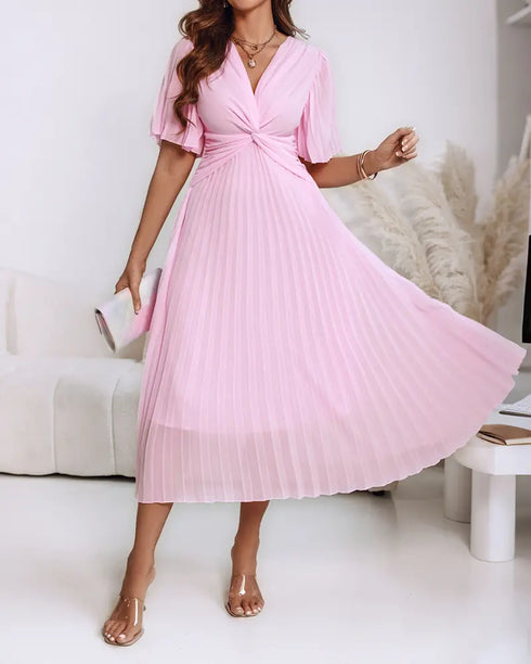 Flutter Sleeve Twist V Neck Midi Dress Casual Waist A Line Pleated Dress light pink