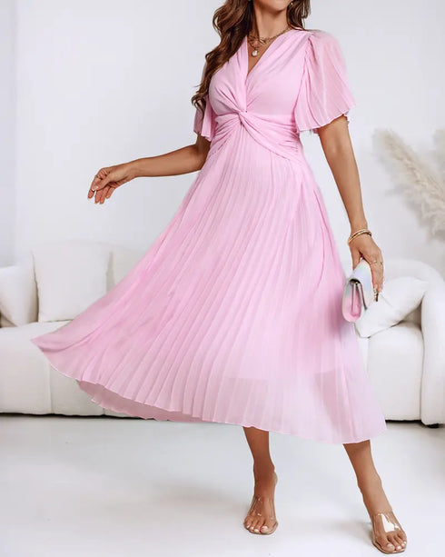 Flutter Sleeve Twist V Neck Midi Dress Casual Waist A Line Pleated Dress light pink