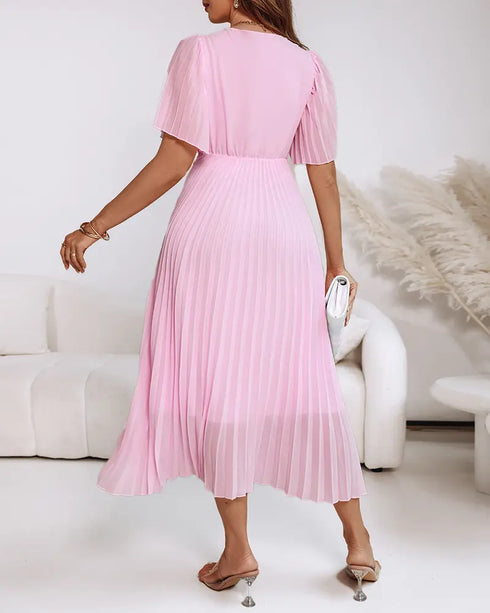 Flutter Sleeve Twist V Neck Midi Dress Casual Waist A Line Pleated Dress light pink