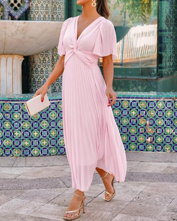 Flutter Sleeve Twist V Neck Midi Dress Casual Waist A Line Pleated Dress light pink