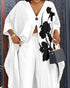 Floral Print V-Neck Batwing Sleeve Slit Top and Casual Pants Set with Pocket white