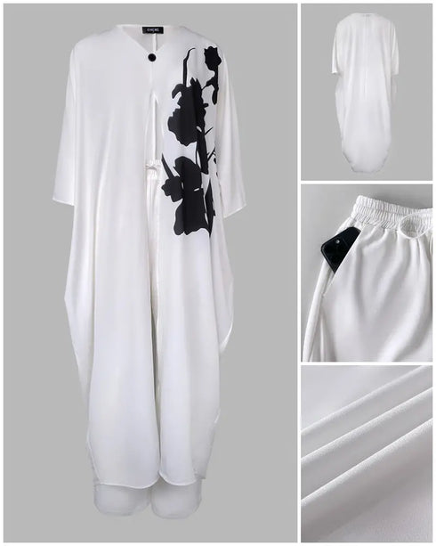 Floral Print V-Neck Batwing Sleeve Slit Top and Casual Pants Set with Pocket white