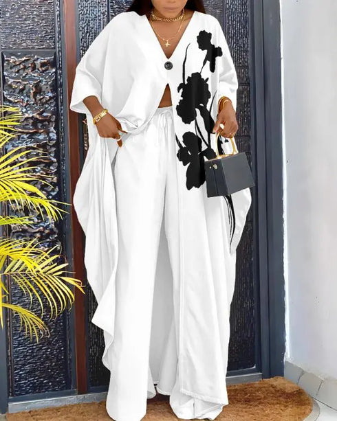 Floral Print V-Neck Batwing Sleeve Slit Top and Casual Pants Set with Pocket white