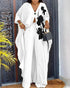 Floral Print V-Neck Batwing Sleeve Slit Top and Casual Pants Set with Pocket white
