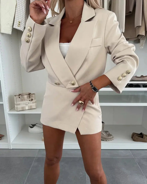 2 Pieces Outfit Floral Print Notched Collar Double Breasted Crop Blazer and Elastic Back Waist Side Zipper Asymmetrical Hem A Line Skorts Set Apricot