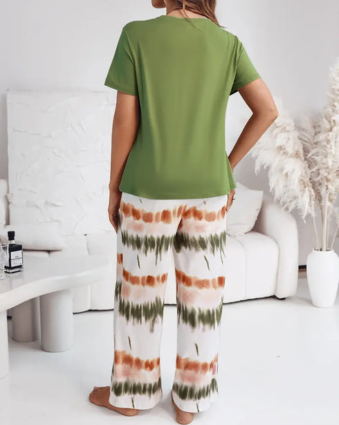 2 Pieces Outfit Cute Letter Print Short Sleeve T-shirt and Plaid Pants Set Loungewear green