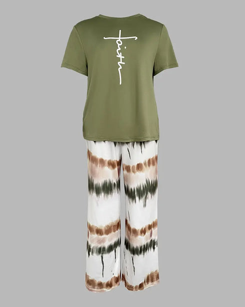 2 Pieces Outfit Cute Letter Print Short Sleeve T-shirt and Plaid Pants Set Loungewear green