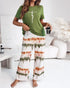 2 Pieces Outfit Coffee Skeleton Girl Print Short Sleeve Top and Tie Dye Print Elastic Waist Pants Set Casual Pajamas Set green