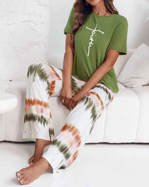 2 Pieces Outfit Letter print Round Neck Short Sleeve Top and Tie Dye Print Elastic Waist Loose Fit Pants Set Casual Pajamas Set green