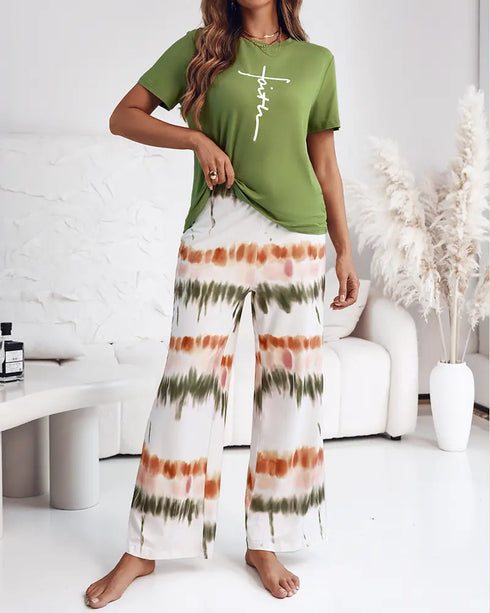 2 Pieces Outfit Letter print Round Neck Short Sleeve Top and Tie Dye Print Elastic Waist Loose Fit Pants Set Casual Pajamas Set green