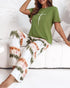 2 Pieces Outfit Anchor Pattern Short Sleeve Top and Striped Elastic Waist Pants Set Casual Pajamas Set green