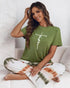 2 Pieces Outfit Cute Letter Print Short Sleeve T-shirt and Plaid Pants Set Loungewear green