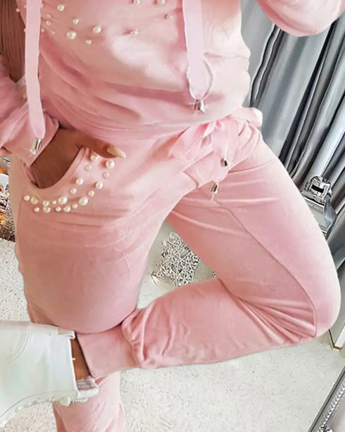 2 Piece Outfit Plus Size Plain Long Sleeve Hooded Suit Set with Beaded Details Casual Drawstring Waist Pants with Pockets pink