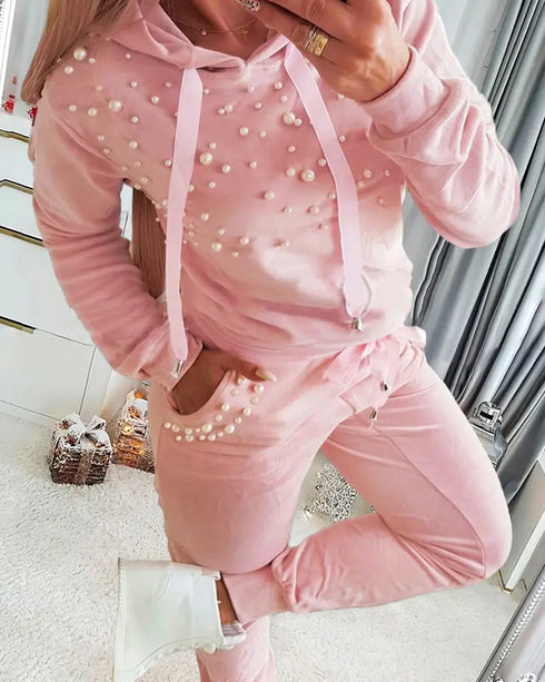 2 Piece Outfit Plus Size Plain Long Sleeve Hooded Suit Set with Beaded Details Casual Drawstring Waist Pants with Pockets pink