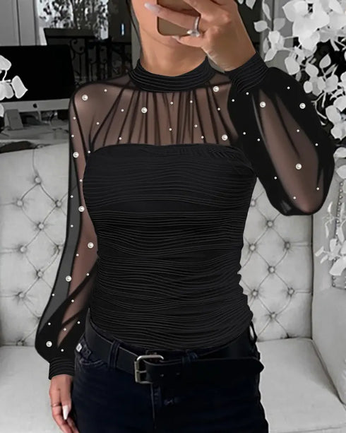 Rhinestone Decor Mock Neck Lantern Sleeve Sheer Mesh Spliced Tee Hollow-out Back Slim Fit Top black