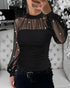 Rhinestone Decor Mock Neck Lantern Sleeve Sheer Mesh Spliced Tee Hollow-out Back Slim Fit Top black