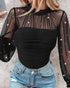 Rhinestone Decor Mock Neck Lantern Sleeve Sheer Mesh Spliced Tee Hollow-out Back Slim Fit Top black