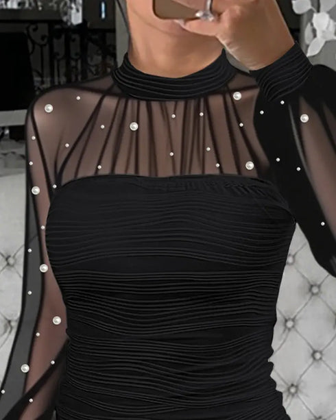 Rhinestone Decor Mock Neck Lantern Sleeve Sheer Mesh Spliced Tee Hollow-out Back Slim Fit Top black