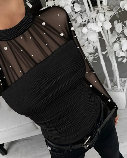 Rhinestone Decor Mock Neck Lantern Sleeve Sheer Mesh Spliced Tee Hollow-out Back Slim Fit Top black