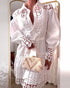 Contrast Lace Hollow Out Long Sleeve Blouse Dress Casual Tied Detail Mini Dress white
