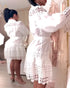 Contrast Lace Hollow Out Long Sleeve Blouse Dress Casual Tied Detail Mini Dress white