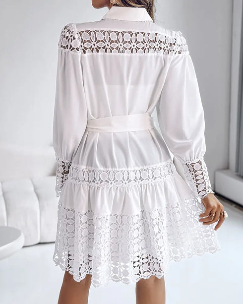 Contrast Lace Hollow Out Long Sleeve Blouse Dress Casual Tied Detail Mini Dress white